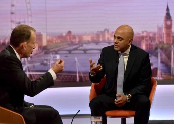 Sajid Javid appearing on the BBC1 current affairs programme, The Andrew Marr Show, where he confirmed that the Government plans to recruit 2,000 extra officers into the security services to fight the "severe terrorist threat". Picture; PA/BBC