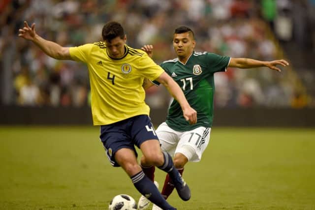 Scotland's Scott McKenna and Mexico's Jesus Corona vie for the ball during the friendly at the Azteca Stadium. Picture: AFP/Getty Images