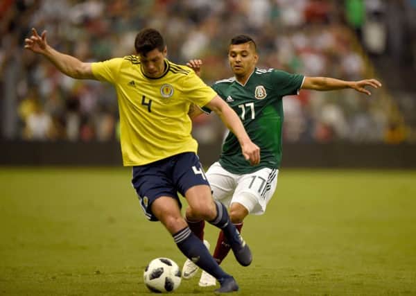 Scotland's Scott McKenna and Mexico's Jesus Corona vie for the ball during the friendly at the Azteca Stadium. Picture: AFP/Getty Images