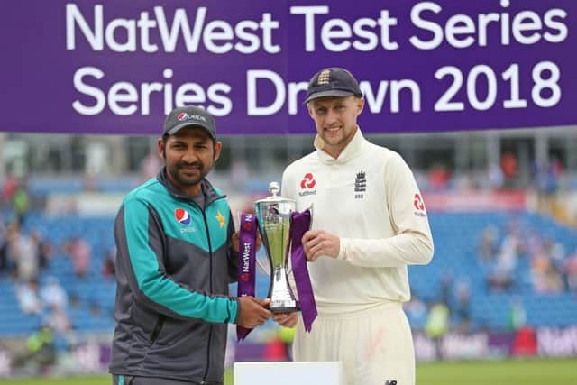 Joe Root, right, alongside Pakistan captain Sarfraz Ahmed after the drawn NatWest Test series. Picture: PA.
