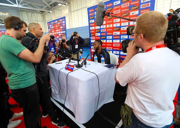 Raheem Sterling faces the media at St George's Park, Burton. Picture: PA
