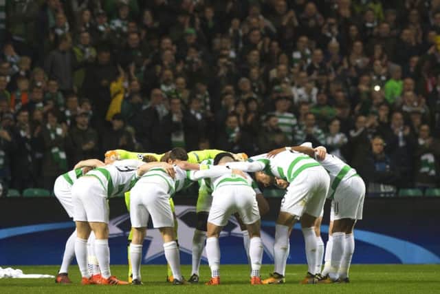 Celtic's players in their pre-match huddle before the Champions League clash with Bayern Munich. Picture: SNS/Craig Foy