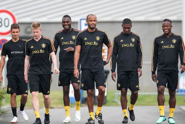 Belgian stars (from left) Thorgan Hazard, Kevin De Bruyne, Christian Benteke, Vincent Kompany, Christian Kabasele and Michy Batshuayi arrive for a pre-World Cup training session. Photograph: Bruno Fahy/AFP/Getty