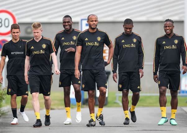 Belgian stars (from left) Thorgan Hazard, Kevin De Bruyne, Christian Benteke, Vincent Kompany, Christian Kabasele and Michy Batshuayi arrive for a pre-World Cup training session. Photograph: Bruno Fahy/AFP/Getty