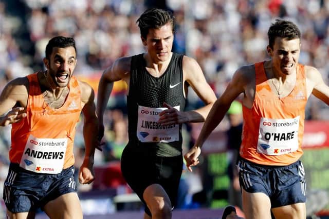 Britain's Chris O'Hare, right, beats Norway's Jakob Ingebrigsten and US's Robby Andrews in the 1500m at the Bislett Games in Oslo. Picture: Vidar Ruud/AFP/Getty Images