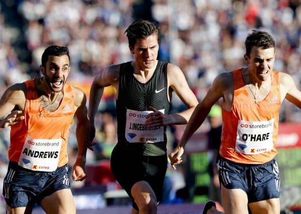 Britain's Chris O'Hare, right, beats Norway's Jakob Ingebrigsten and US's Robby Andrews in the 1500m at the Bislett Games in Oslo. Picture: Vidar Ruud/AFP/Getty Images