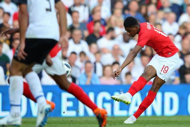 LEEDS, ENGLAND - JUNE 07: Marcus Rashford of England scores his sides first goal during the International Friendly match between England and Costa Rica at Elland Road on June 7, 2018 in Leeds, England. (Photo by Alex Livesey/Getty Images)