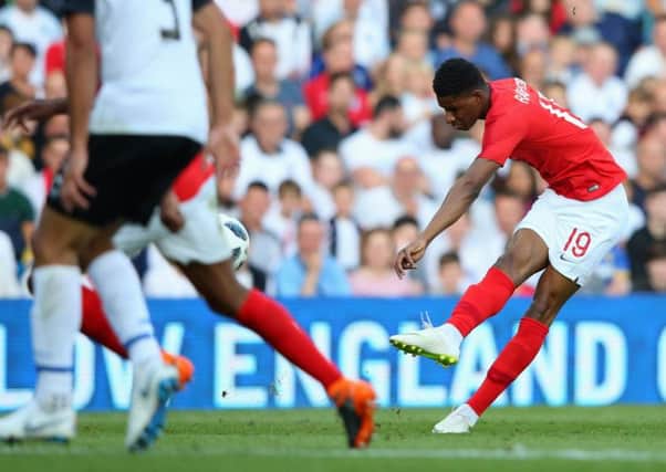 LEEDS, ENGLAND - JUNE 07:  Marcus Rashford of England scores his sides first goal during the International Friendly match between England and Costa Rica at Elland Road on June 7, 2018 in Leeds, England.  (Photo by Alex Livesey/Getty Images)
