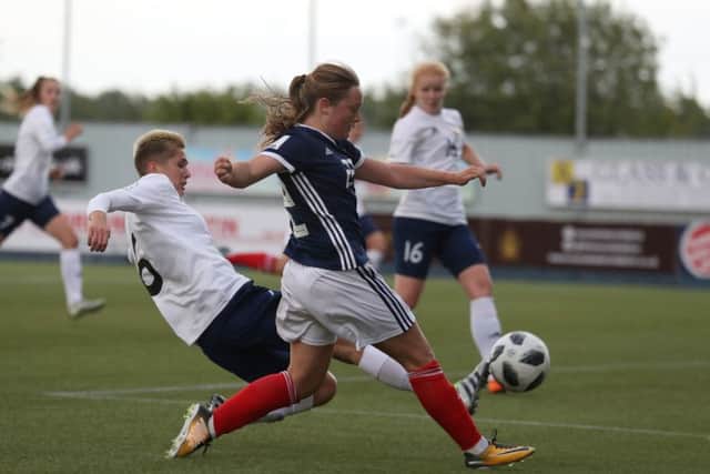 Erin Cuthbert scores the equaliser for Scotland Women before going on to secure three precious points against Belarus last night. Picture: PA.