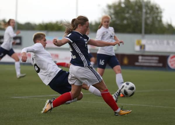 Erin Cuthbert scores the equaliser for Scotland Women before going on to secure three precious points against Belarus last night. Picture: PA.