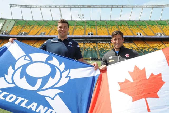 Scotland captain Grant Gilchrist and his Canadian counterpart DTH van der Merwe ahead of the match between the sides in Edmonton. Picture: Fotosport/David Gibson