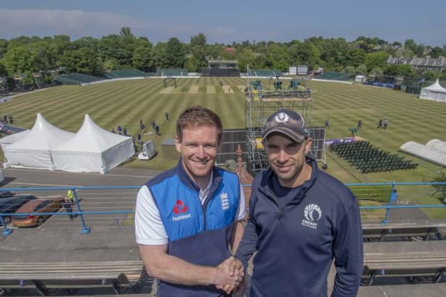 Kyle Coetzer welcomes Englands Eoin Morgan to Grange CC. Picture: Donald Macleod.