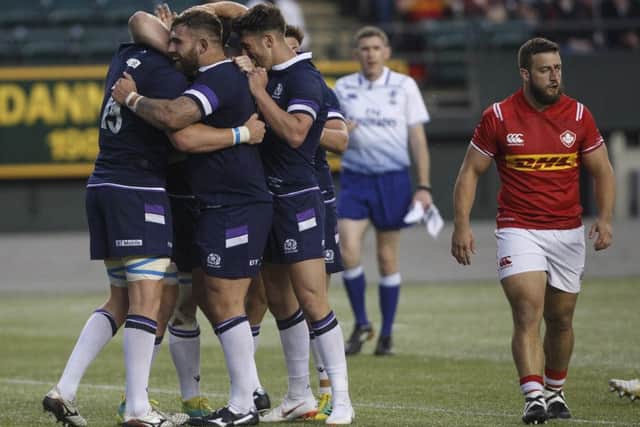 Scotland celebrates a try against Canada in the first match of their summer tour. Picture: The Canadian Press via AP