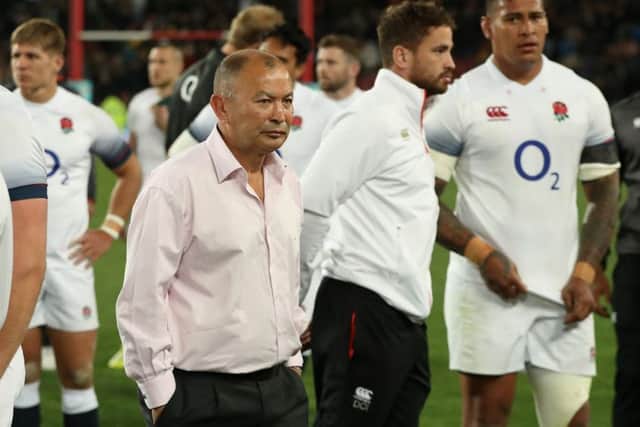 Eddie Jones with his England players after their defeat at Ellis Park. Picture: Getty