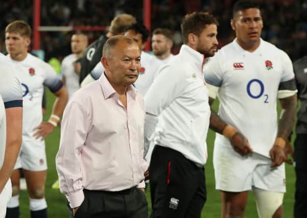 Eddie Jones with his England players after their defeat at Ellis Park. Picture: Getty