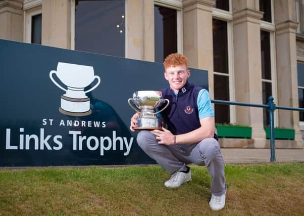 John Murphy with the St Andrews Links Trophy after beating Jannik de Bruyn in a play-off at the Old Course. Picture: St Andrews Links Trust