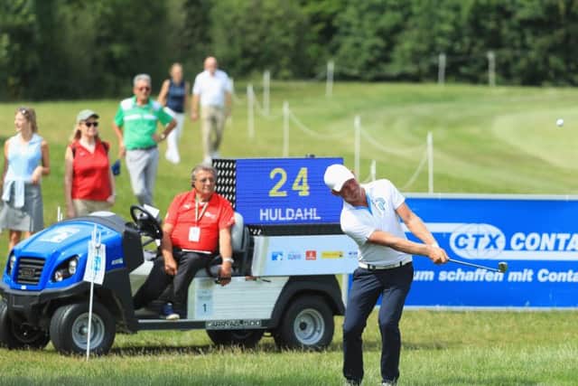 Jeppe Pape Huldahl of Denmark plays his third shot on the 11th hole alongside the 'shot clock' during day three of the Shot Clock Masters at Diamond Country Club in Atzenbrugg, Austria. Picture: Matthew Lewis/Getty Images