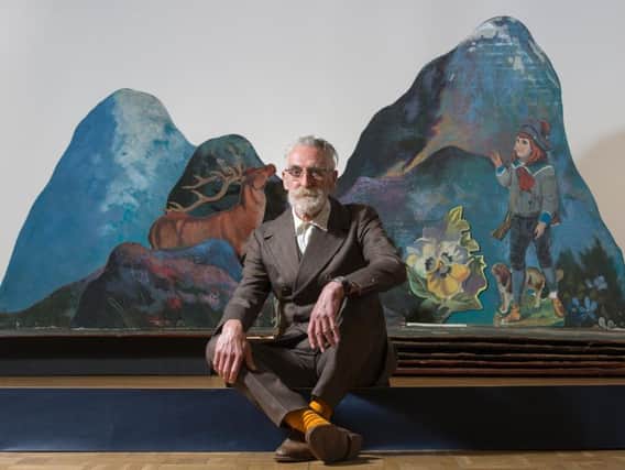 John Byrne was reunited with his famous pop-up book stage set for The Cheviot, the Stag and the Black, Black Oil at the National Library today.
