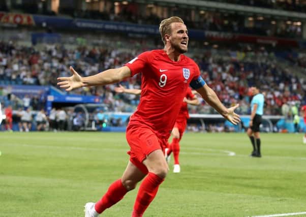 Harry Kane celebrates scoring England's winning goal on Monday night against Tunisia. Picture: PA