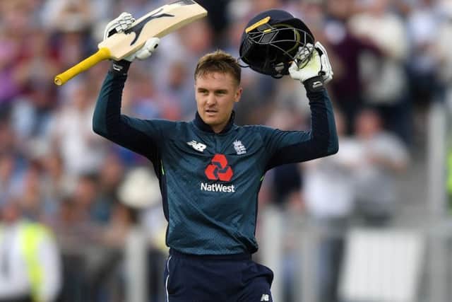Jason Roy celebrates reaching his hundred for England. Picture: Gareth Copley/Getty Images