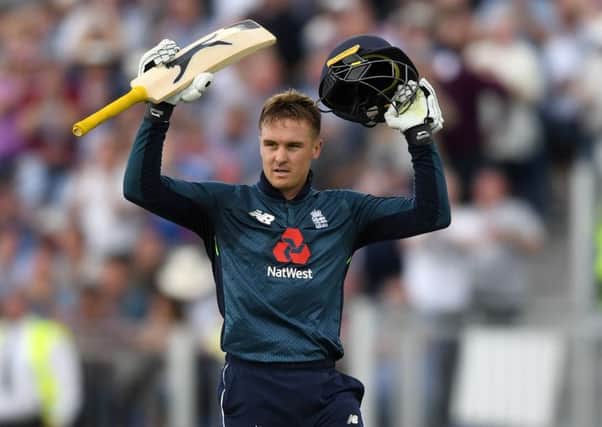 Jason Roy celebrates reaching his hundred for England. Picture: Gareth Copley/Getty Images