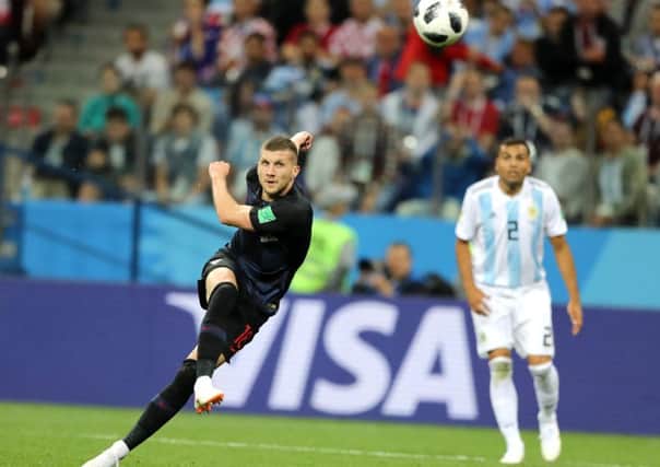 Ante Rebic of Croatia scores Croatia's opening goal against Argentina. Picture: Getty.