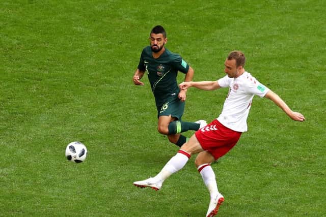 Christian Eriksen scores the opening goal for Denmark. Picture: Getty.