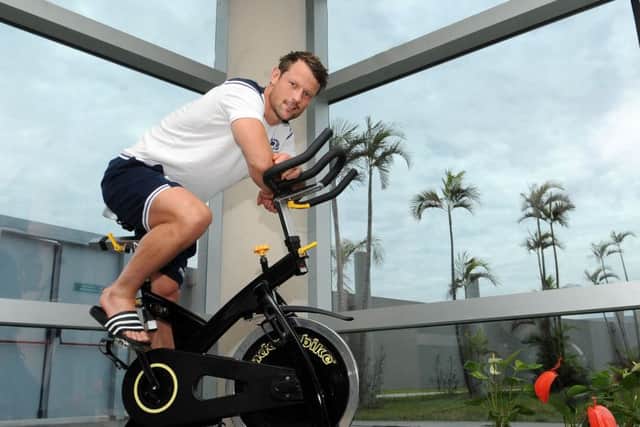Scotland centre Peter Horne on an exercise bike at the team hotel in Resistencia. Picture: Â©Fotosport/David Gibson