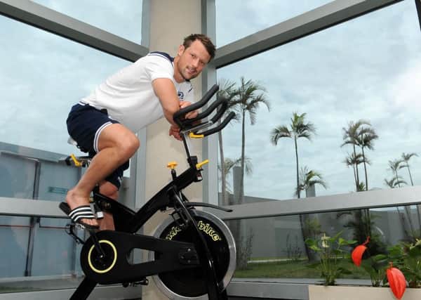 Scotland centre Peter Horne on an exercise bike at the team hotel in Resistencia. Picture: Â©Fotosport/David Gibson