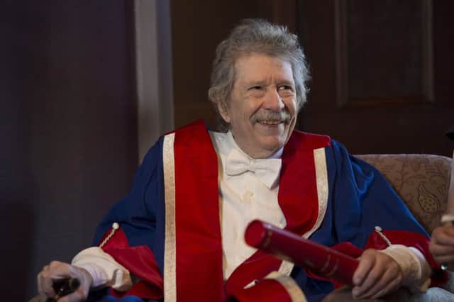 Jim Haynes with his honorary degree after a special ceremony at  Edinburgh Napier University yesterday
