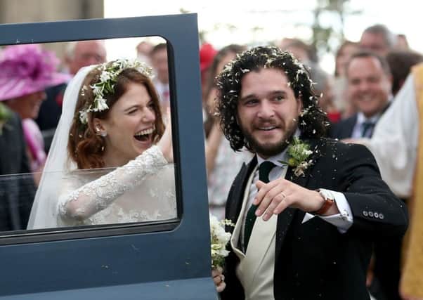 Kit Harington and Rose Leslie at Rayne Church, Kirkton of Rayne in Aberdeenshire, after their wedding. Picture:: Jane Barlow/PA Wire