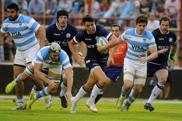 Scotland fly-half Adam Hastings breaks clear during a highly impressive performance against Argentina at Estadio Centenario. Picture: David Gibson/Fotosport