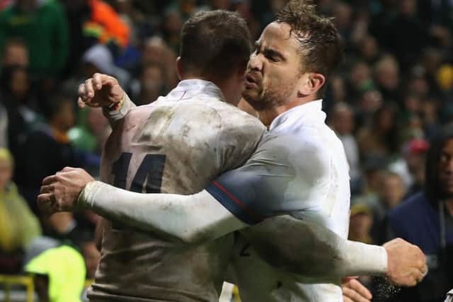 England wing Jonny May, left, celebrates his try against South Africa with stand-off Danny Cipriani. Picture: David Rogers/Getty Images