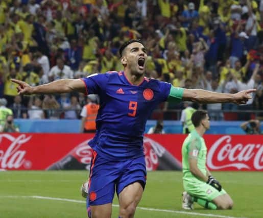 Colombia's Radamel Falcao celebrates after scoring against Poland. Picture: Frank Augstein/AP