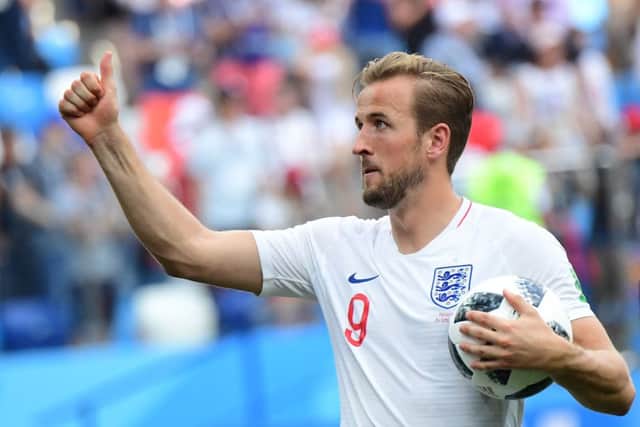 England forward Harry Kane with the match ball after his hat-trick against Panama. Picture: Martin Bernetti/AFP/Getty Images