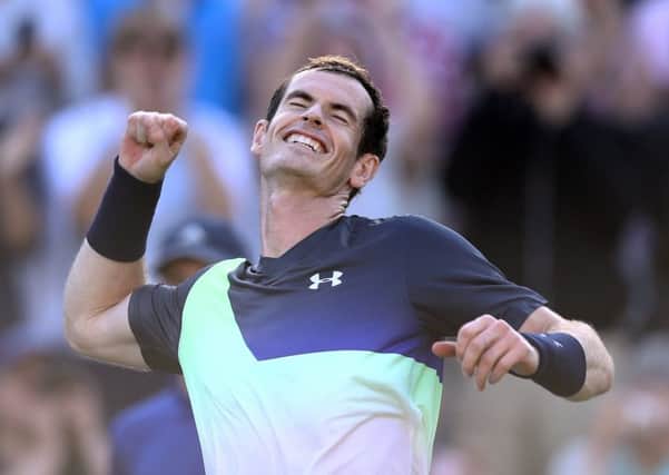 Andy Murray punches the air in delight after his win over Stan Wawrinka in Eastbourne. Picture: Bryn Lennon/Getty Images