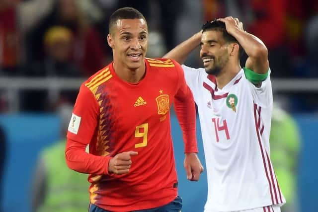 Joy and pain as Spains Rodrigo celebrates the late goal. Picture: AFP/Getty