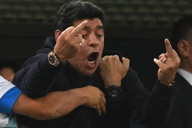 Diego Maradona gestures during Argentina's match with Nigeria in St Petersburg. Picture: Olga Maltseva/AFP/Getty Images