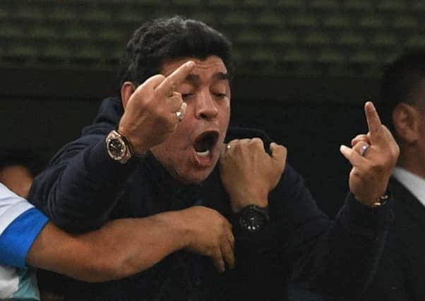 Diego Maradona gestures during Argentina's match with Nigeria in St Petersburg. Picture: Olga Maltseva/AFP/Getty Images