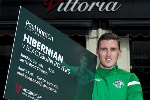 Hibernian's Paul Hanlon at Vittoria's Restaurant in Leith Walk to promote his upcoming testimonial against Blackburn Rovers. Picture: Ross MacDonald/SNS