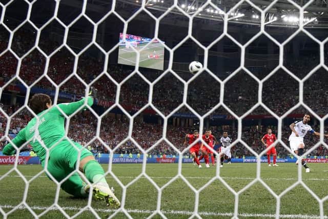 Bryan Ruiz of Costa Rica takes a penalty which then deflects into the goal off of goalkeeper Yann Sommer. Picture: Getty.