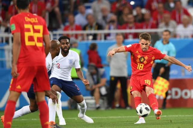 Adnan Januzaj fires off a curling shot which sailed into the top left-hand corner of England's net. Picture: AFP/Getty.