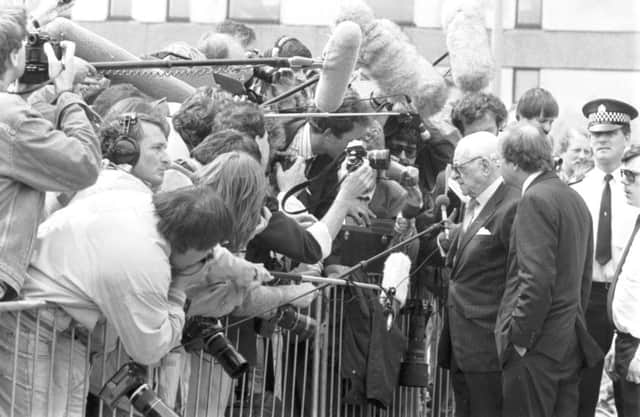 Occidental Oil chairman Dr Armand Hammer speaks to the Press outside Aberdeen Royal Infirmary after the Piper Alpha oil disaster in July 1988.