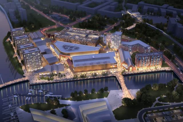 An overview of how the Glasgow Harbour retail development could look, with the Clyde on the left and the Kelvin seperating the 74 acre site from the existing Riverside Museum