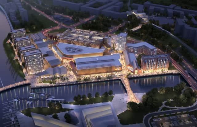 An overview of how the Glasgow Harbour retail development could look, with the Clyde on the left and the Kelvin seperating the 74 acre site from the existing Riverside Museum