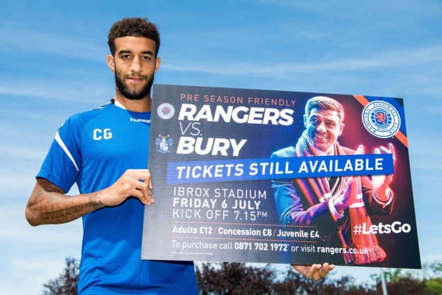 Rangers defender Connor Goldson promotes tickets for the upcoming Rangers v Bury friendly. Picture: SNS