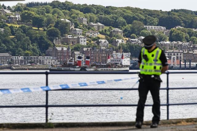 Police remain on the Isle of Bute following the death of Alesha MacPhail. Picture: Jeff J Mitchell/Getty