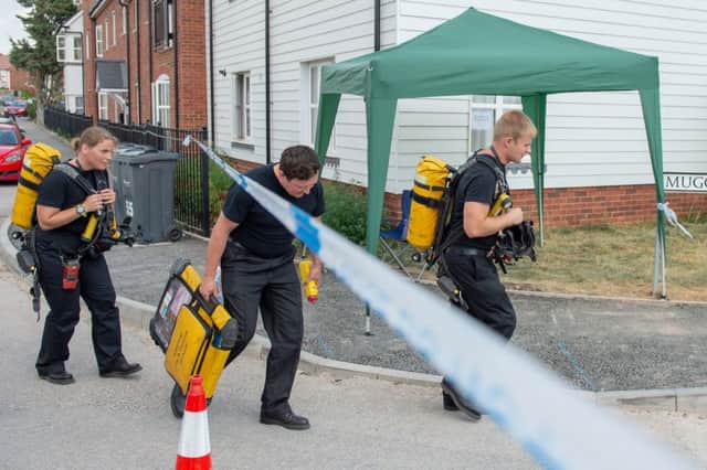 Fire services arriving at the home of where Charlie Rowley, 45 and Dawn Sturgess 44 where taken ill from after exposure to Novichok nerve agent,  Amesbury  9th July 2018