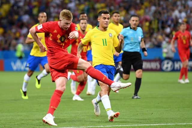 Kevin De Bruyne scores a brilliant second goal for Belgium. Picture: Laurence Griffiths/Getty Images