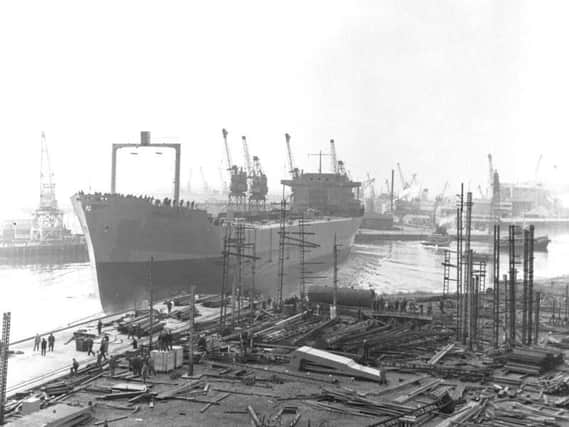 The Vitkovice slides down the slipway at Barclay Curles' shipyard on the River Clyde in April 1966.